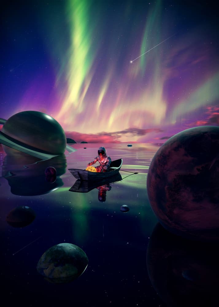 Astronaut Drifts Under Aurora by Nicebleed — canvas wall art