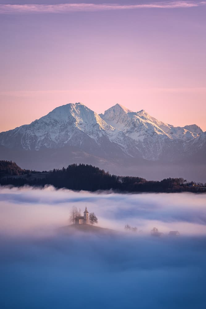 Misty Alpine Church Dawn by Bor — canvas wall art