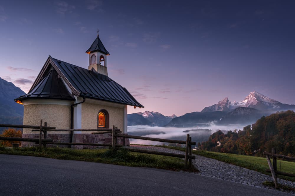Mountain Chapel Foggy Dawn by fotomarion — canvas wall art