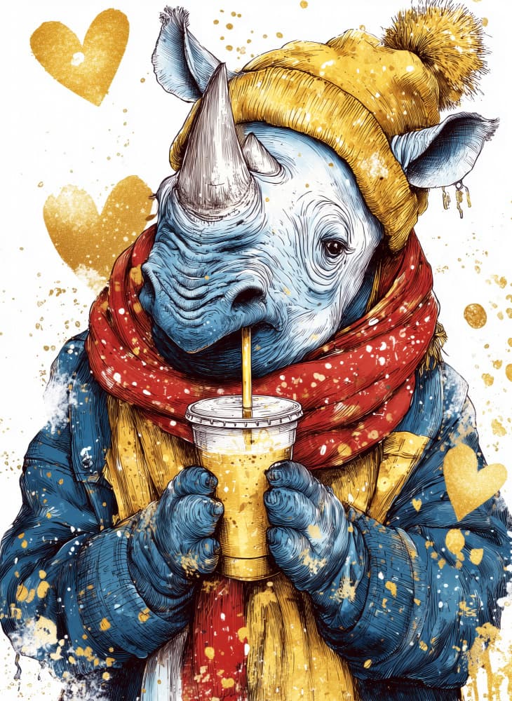 Cute Rhino Cozy Drink by Justyna Jaszke — canvas wall art