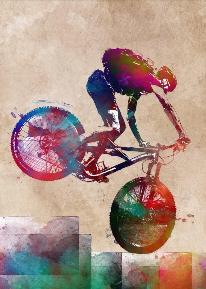 Colorful Mountain Biking Action by Justyna Jaszke — canvas wall art