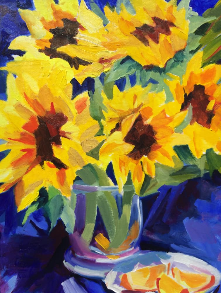 Golden Sunflowers in Vase by Maxine Shore — canvas wall art