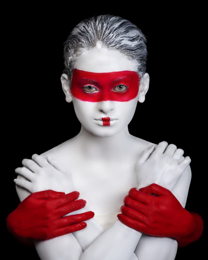 Red Mask Embrace by JOYRAJ SAMANTA — canvas wall art