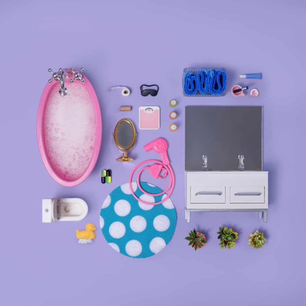 Pink Dollhouse Bathroom by Julia Ramiro — canvas wall art