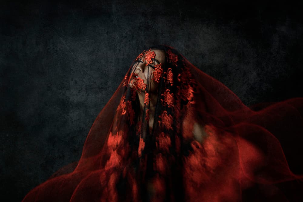Enigmatic Woman Red Veil by Djayent Abdillah — canvas wall art