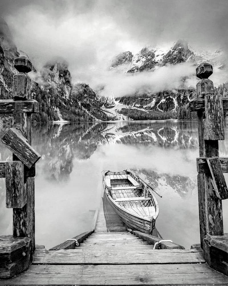 Misty Mountain Lake Boat by Adrian Lázare — canvas wall art