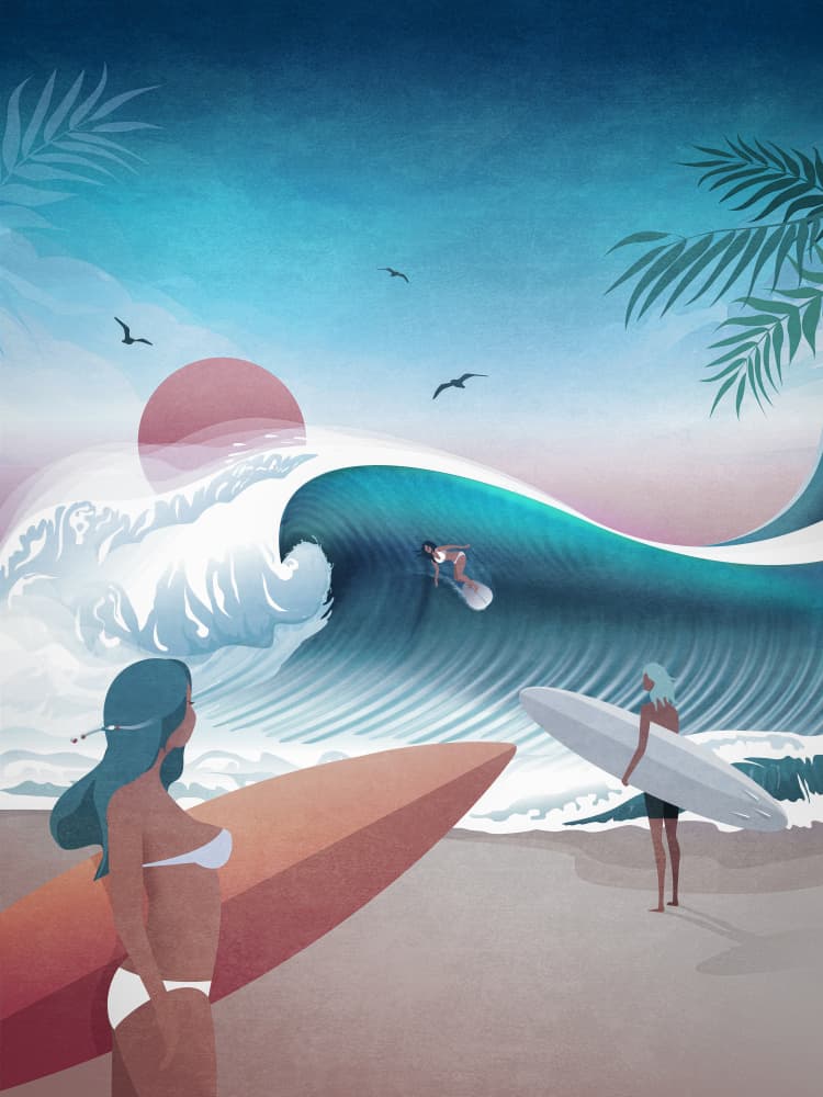Sunset Surfing Scene by Emel Tunaboylu — canvas wall art