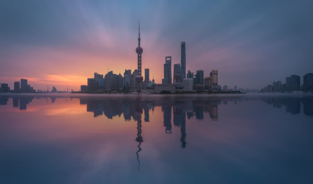 Shanghai Sunrise Reflection by Javier de la Torre — canvas wall art