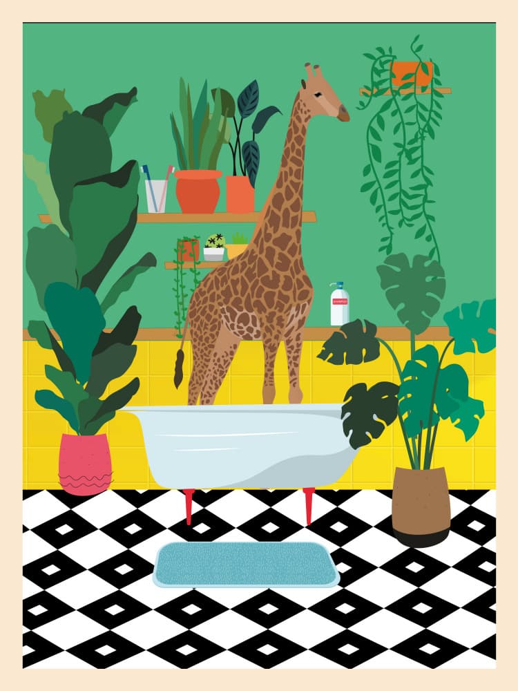 Giraffe Bathtub Jungle by WallChart Art Studio — canvas wall art