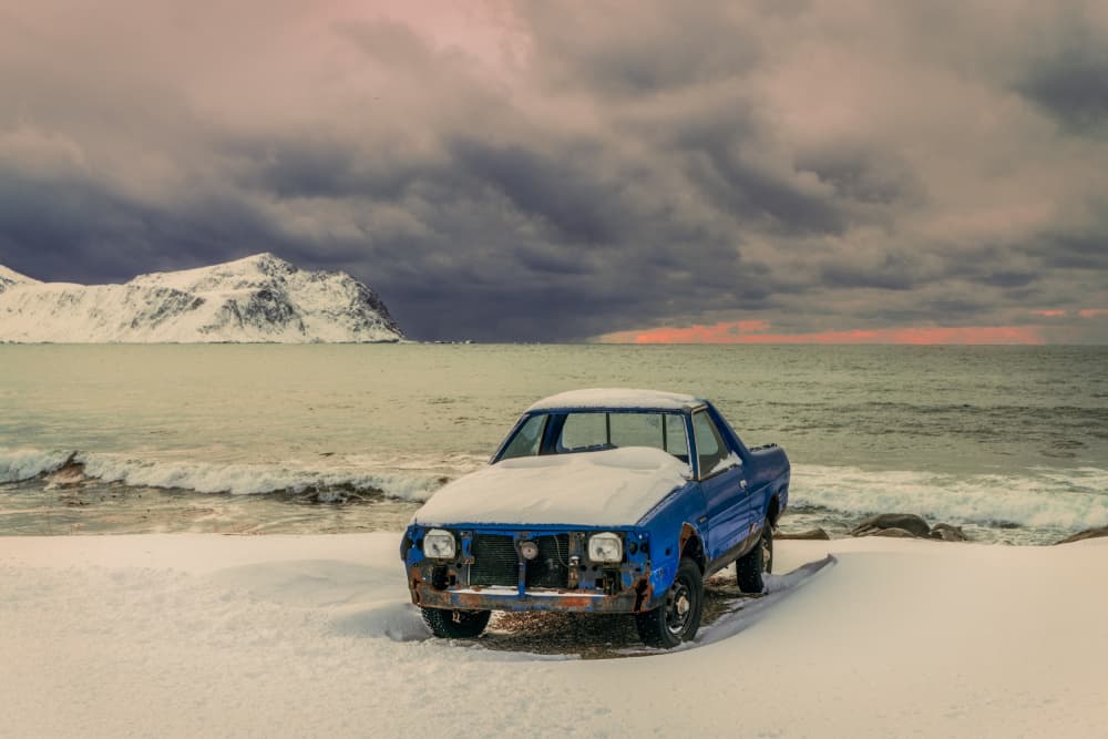 Winter Beach Blue Car by Adrian Popan — canvas wall art