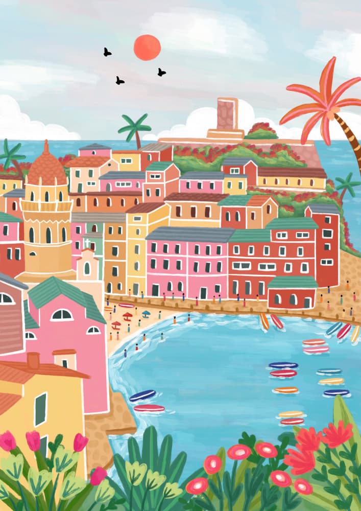 Colorful Coastal Village by Nidhi Kachhadiya — canvas wall art