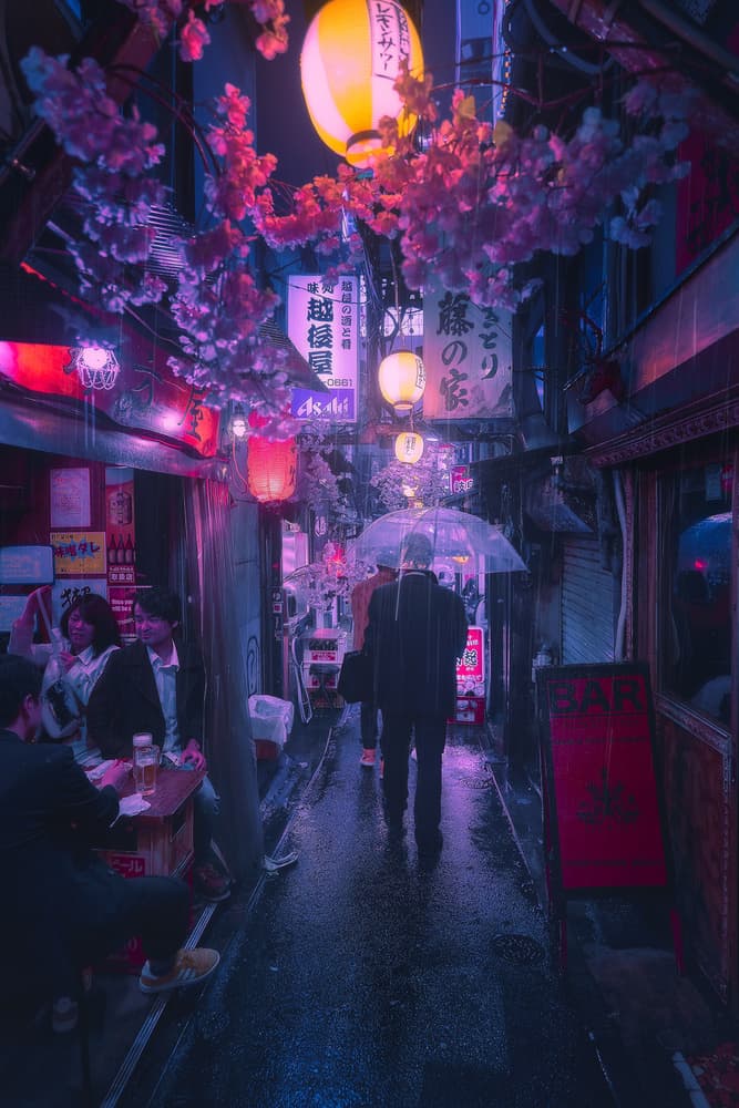 Japanese Alley Night Rain by Javier de la Torre — canvas wall art