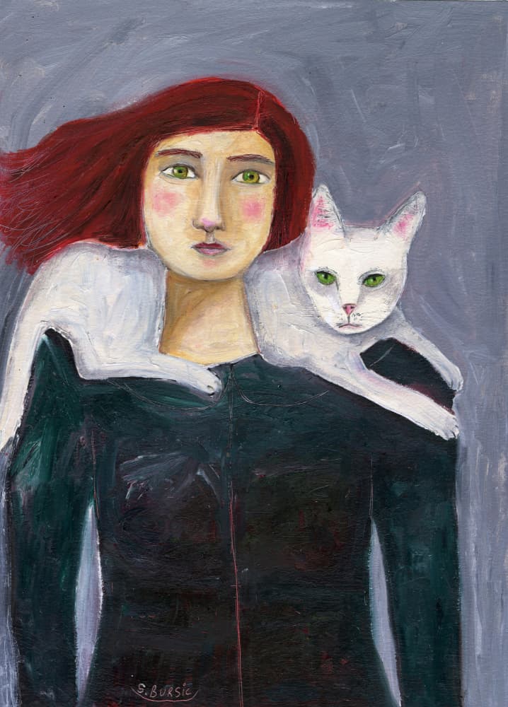 Woman with White Cat by Sharyn Bursic — canvas wall art