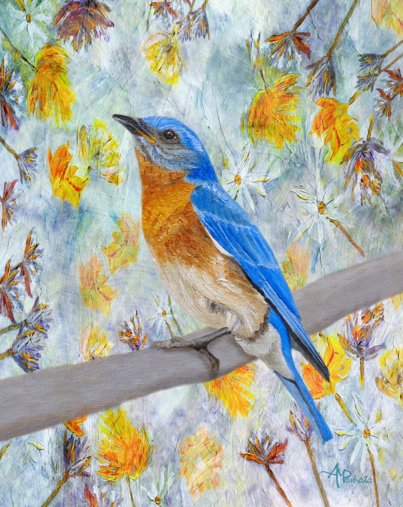 Bluebird Among Flowers by Angeles M. Pomata — canvas wall art