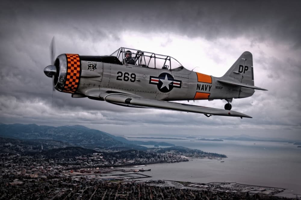 Vintage Plane City Flyover by Thomas McCleave — canvas wall art