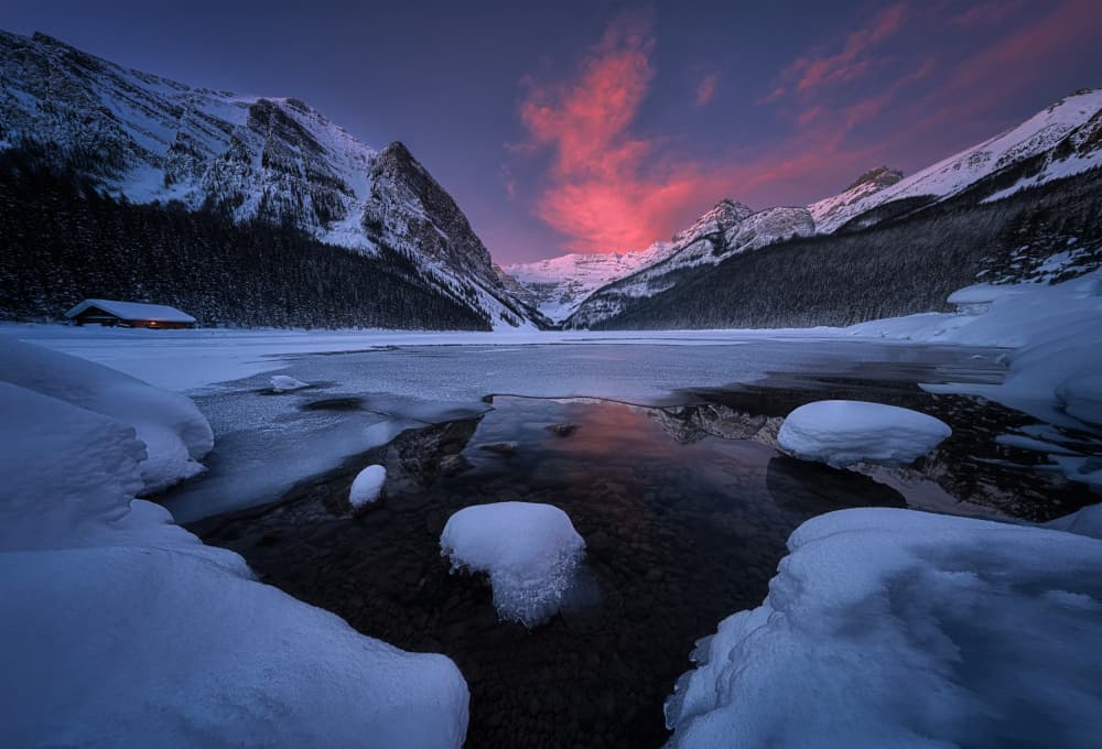Pink Sky Winter Mountains by Lydia Jacobs — canvas wall art