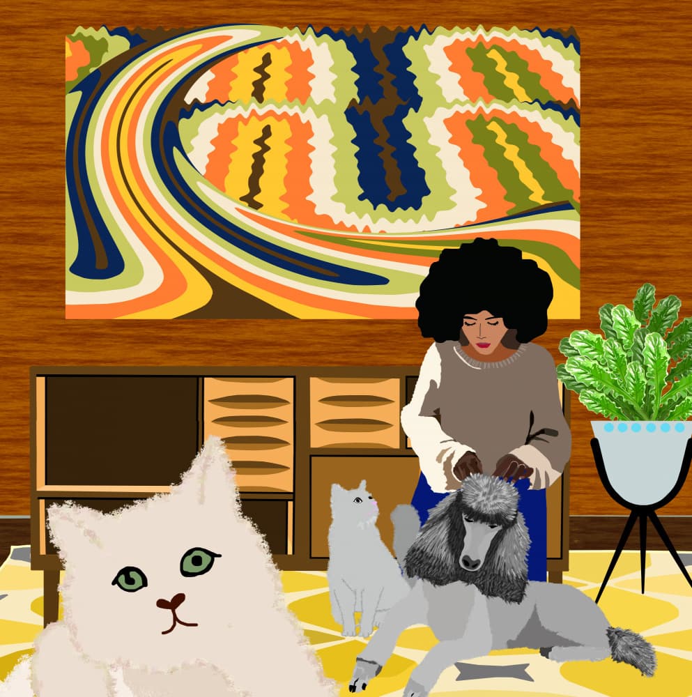Midcentury Woman With Pets by Lynnda Rakos — canvas wall art