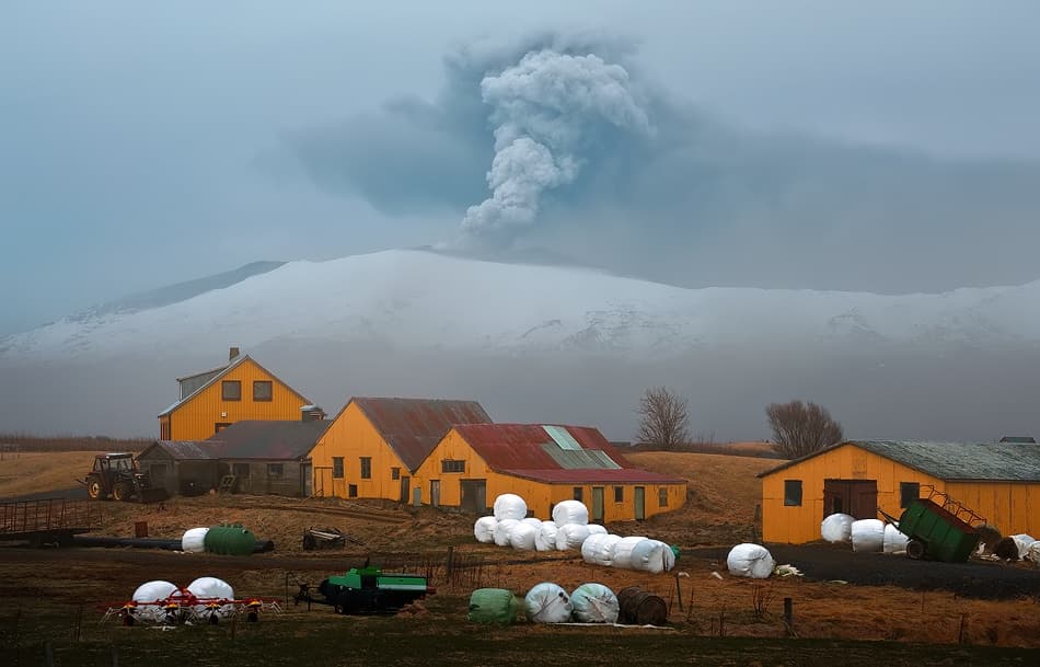 Volcano Eruption Farm Scene by Raymond Hoffmann — canvas wall art