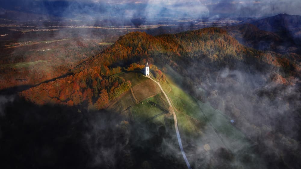 Misty Autumn Hilltop Church by Ken Liang — canvas wall art