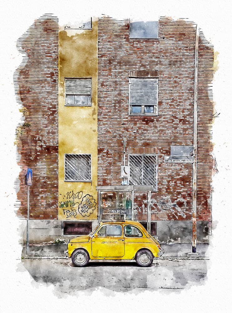 Yellow Classic Street Car by Lembayung senja studio [Vintage Poster] — canvas wall art