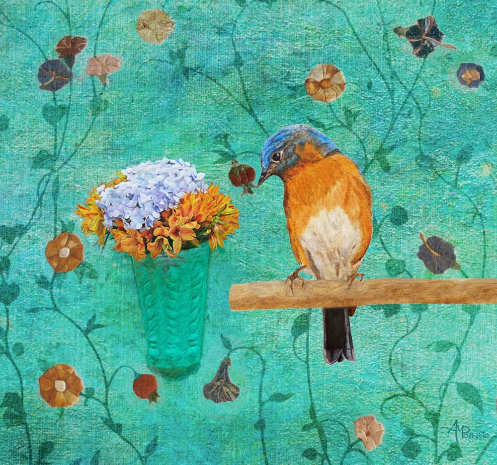 Bluebird and Flowers by Angeles M. Pomata — canvas wall art