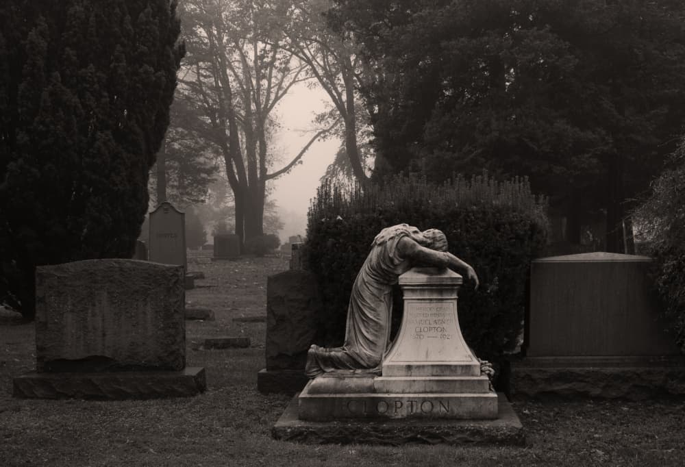 Weeping Statue Cemetery Fog by Milton Mpounas — canvas wall art