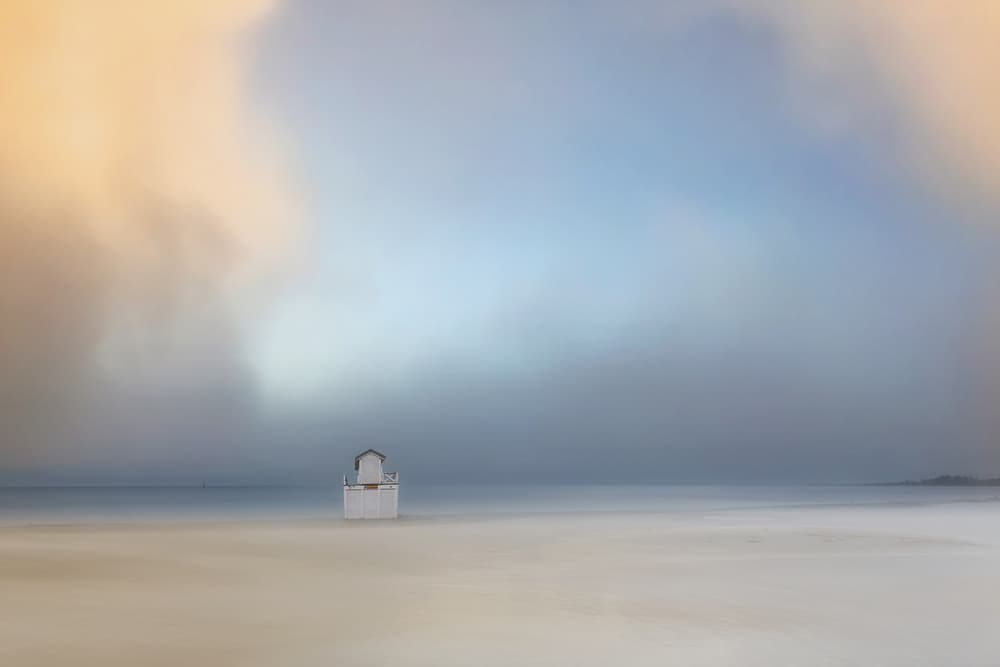 Misty Beach Hut by Uschi Hermann — canvas wall art