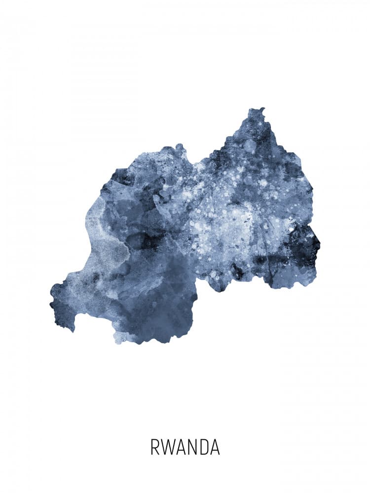 Blue Watercolor Rwanda Map by Michael Tompsett — canvas wall art