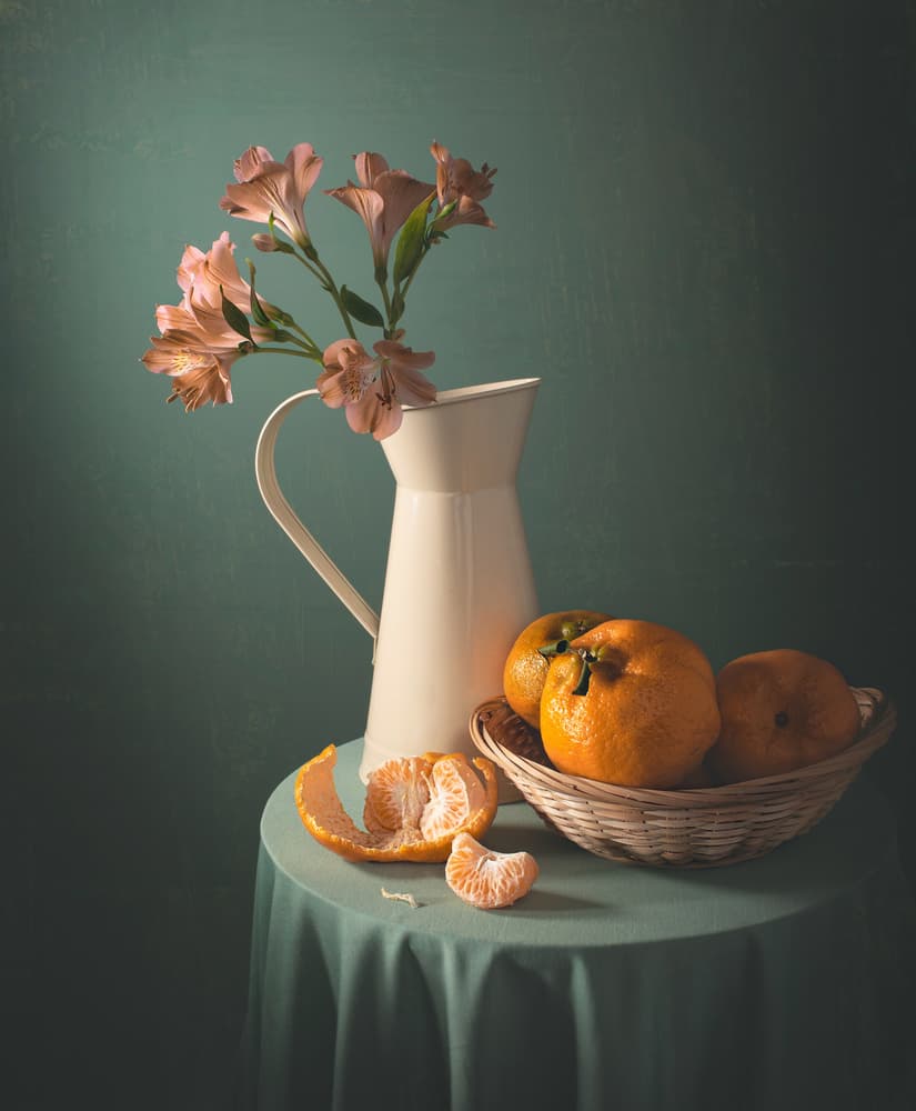 Tangerines and Pink Flowers by Margareth Perfoncio — canvas wall art