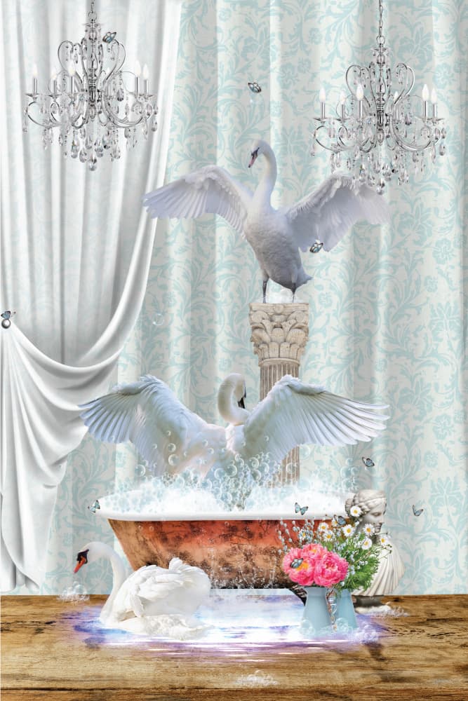 Elegant Swans Bathtime by Sue Skellern — canvas wall art