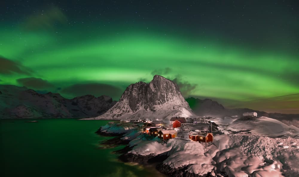 Northern Lights Lofoten Village by UU — canvas wall art