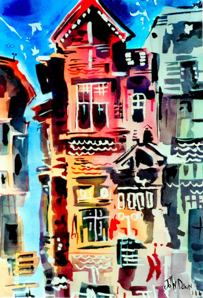 Colorful Cityscape Watercolor by John Dunn — canvas wall art