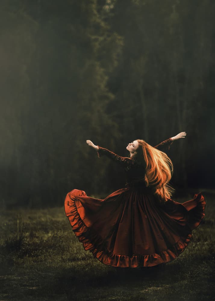 Red Dress Forest Dancer by Magdalena Russocka — canvas wall art