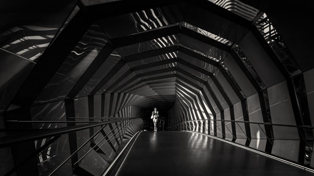 Geometric Light Tunnel Walk by Steven Zhou — canvas wall art