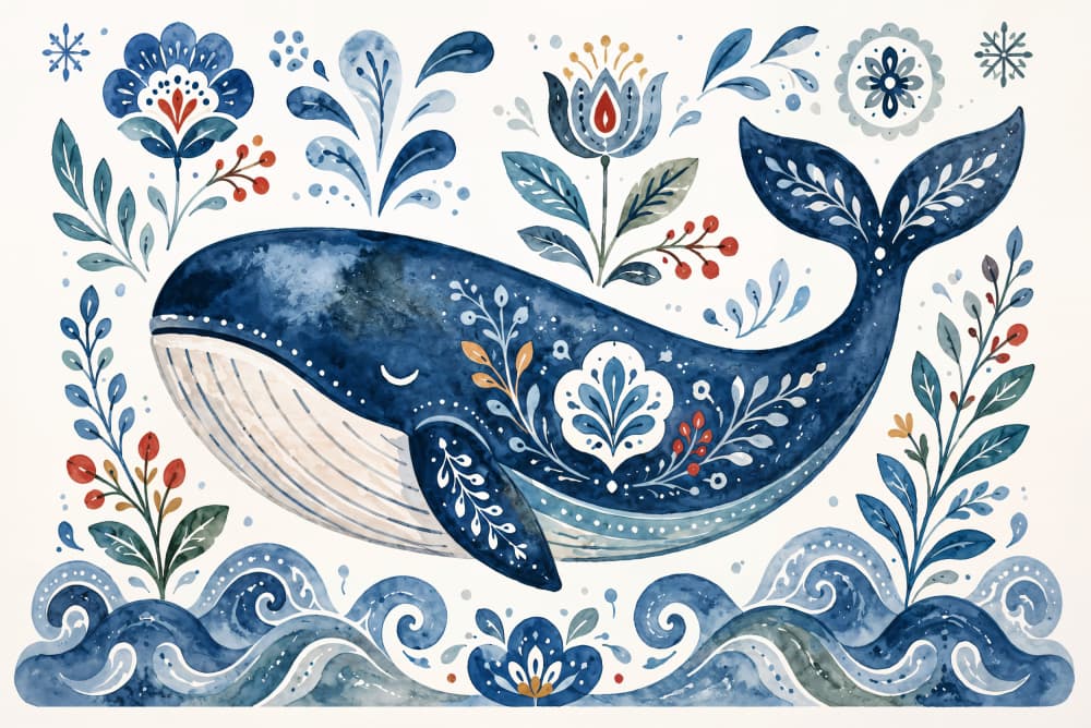 Folk Art Blue Whale by Natalie Bruns — canvas wall art