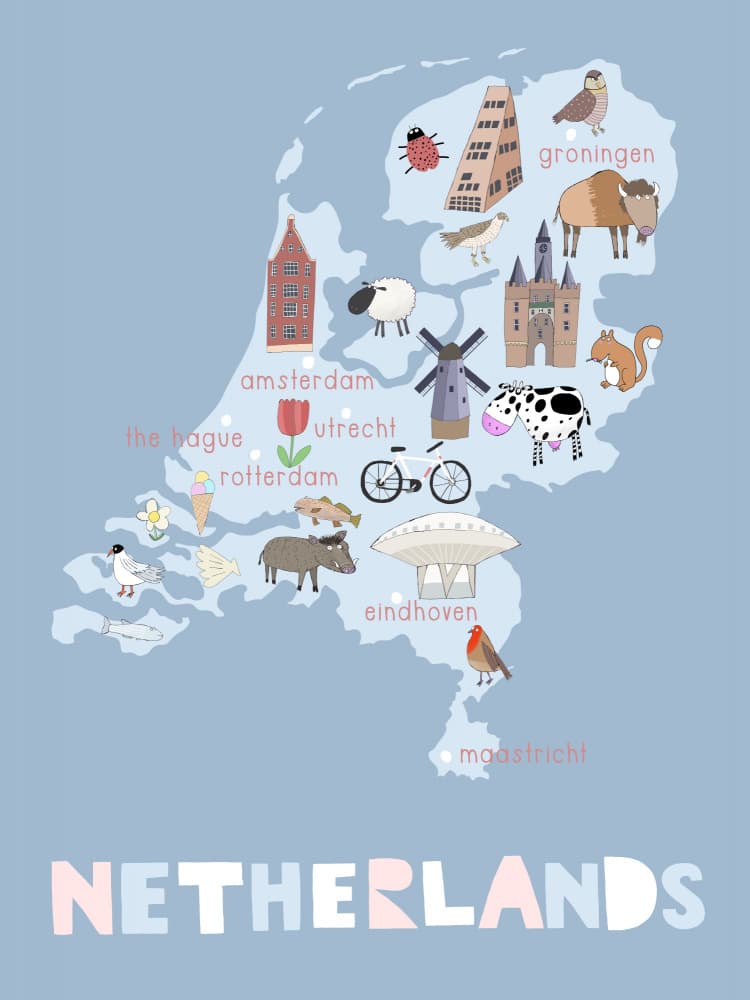 Whimsical Netherlands Map by Carla Daly — canvas wall art