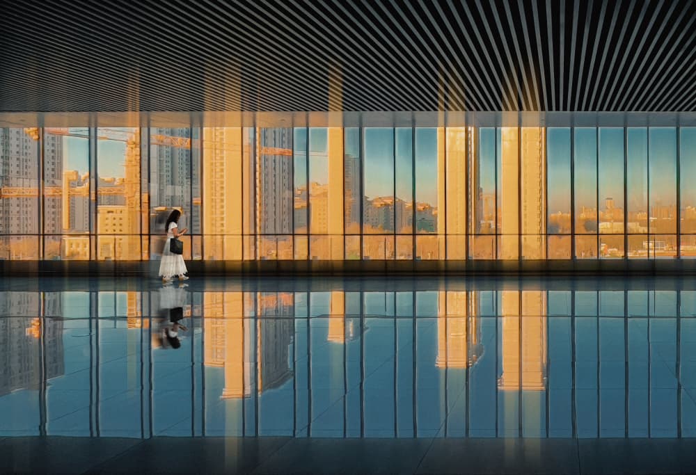 Golden Reflections Walk by Mia Meng — canvas wall art