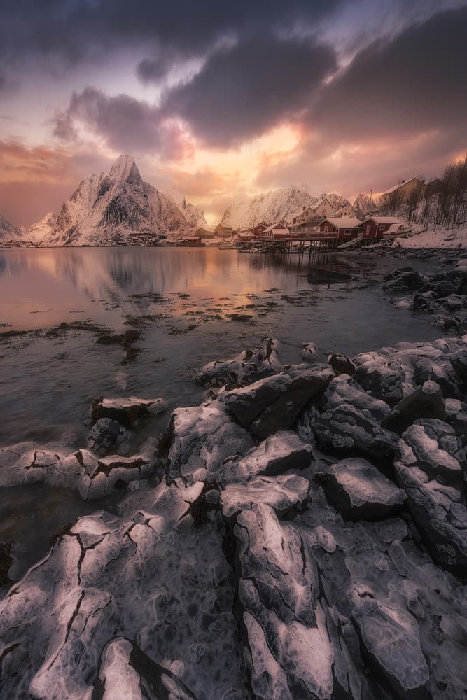 Snowy Fjord Village Sunset by David Martin Castan — canvas wall art