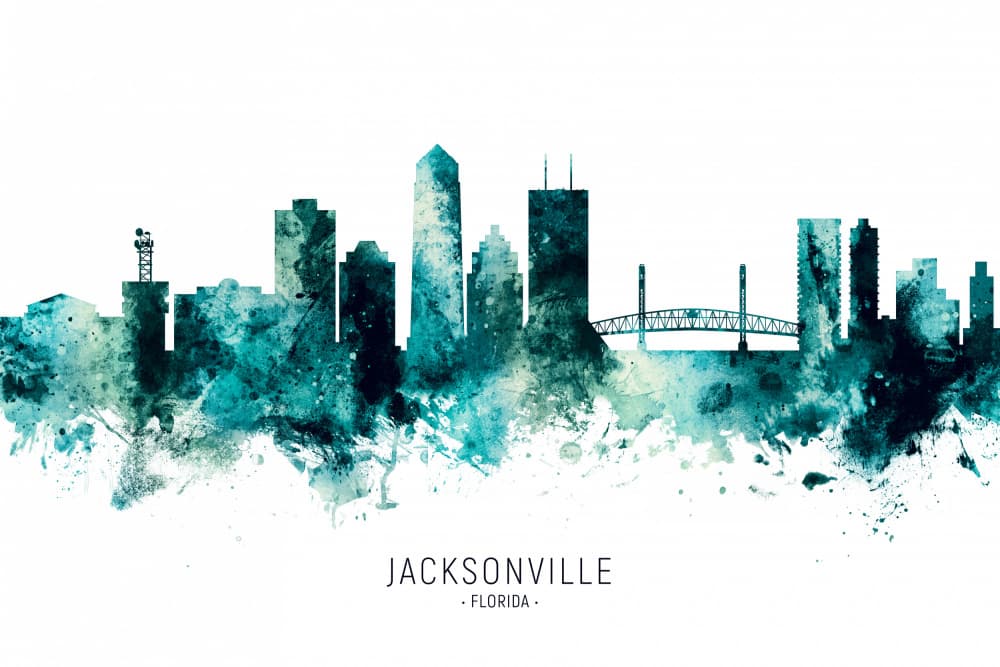 Aqua Jacksonville Cityscape by Michael Tompsett — canvas wall art