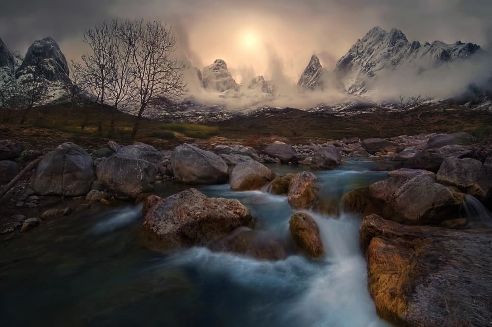 Misty Peaks Golden River by Chris Kaddas — canvas wall art
