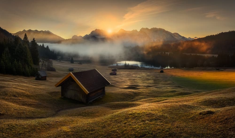 Misty Mountain Sunrise Cabin by Tomasz Rojek — canvas wall art