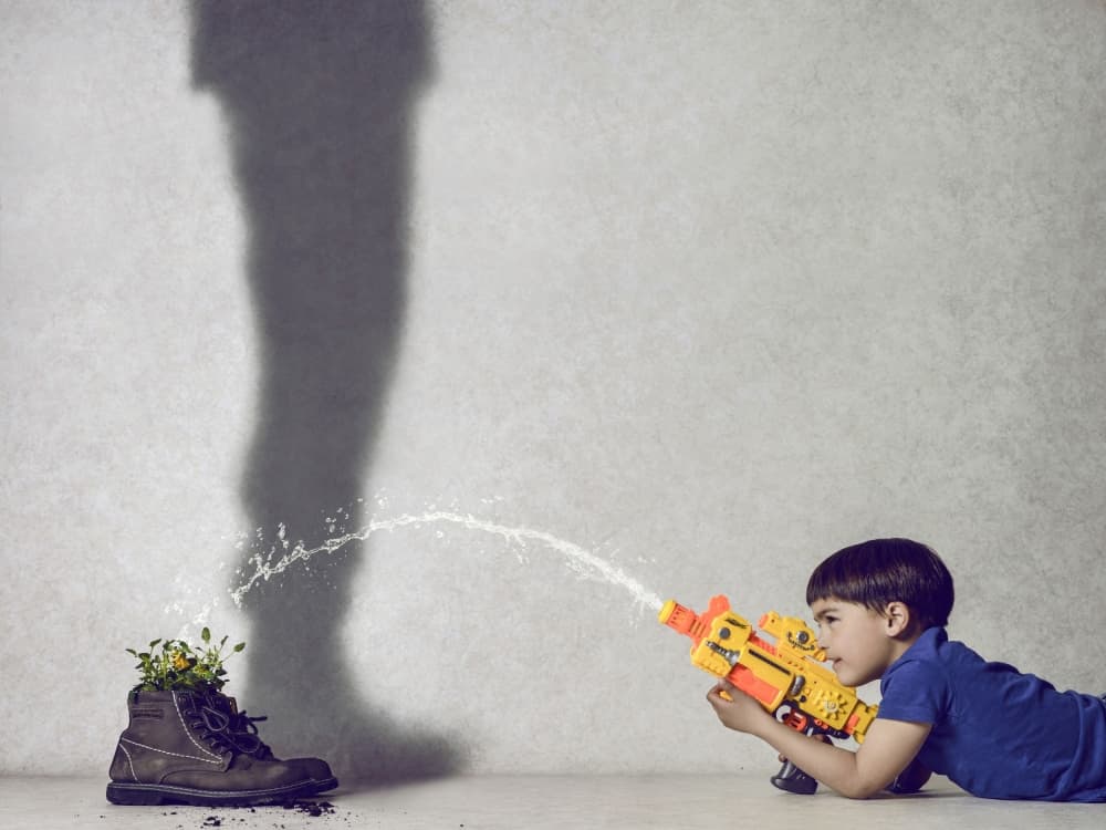 Boy Waters Plant Shadow by Karim Aboukelela — canvas wall art