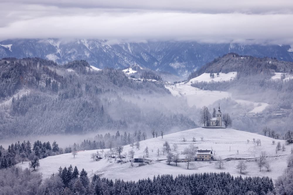 Snowy Mountain Church by Dan Mirica — canvas wall art