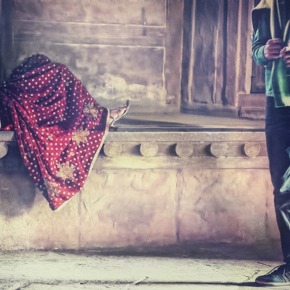 Red Sari on Stone by Piet Flour — canvas wall art
