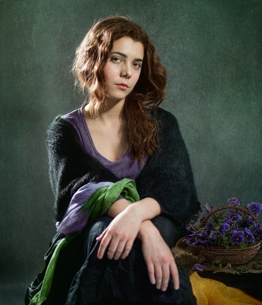 Pensive Woman with Flowers by Svetlana Melik-Nubarova — canvas wall art