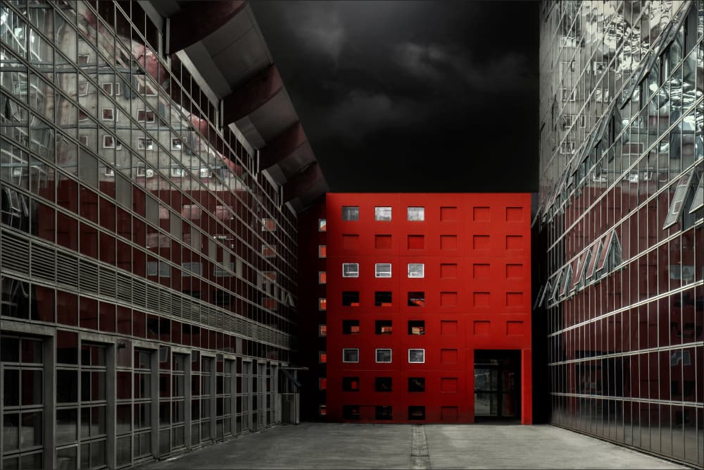 Red Building Dark Sky by Gilbert Claes — canvas wall art