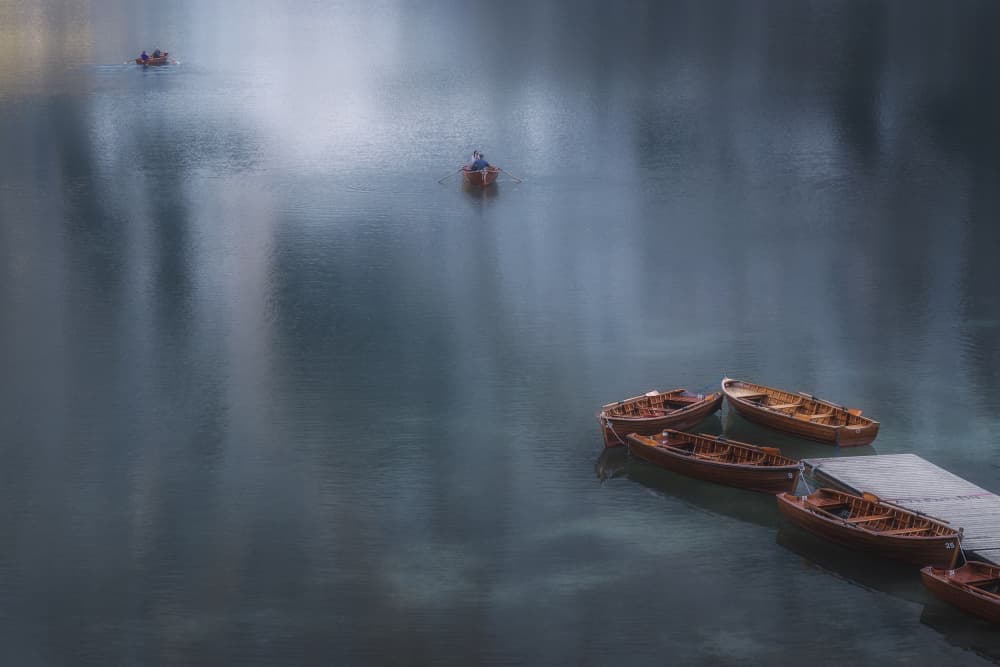 Misty Lake Rowboats by Thomas de Franzoni — canvas wall art