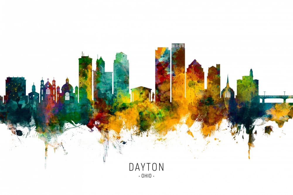 Dayton Ohio Watercolor Skyline by Michael Tompsett — canvas wall art