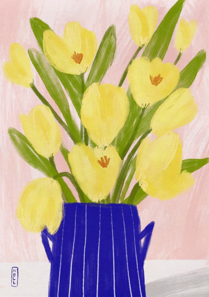 Spring Tulips Blue Vase by Dirkie Nell — canvas wall art