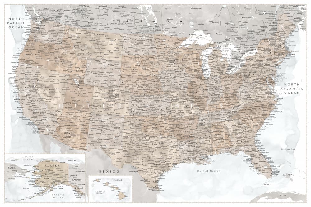 Vintage Watercolor USA Map by Rosana Laiz Blursbyai — canvas wall art